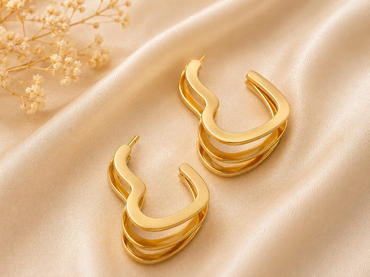 Triple Layer Geometric Hoop Earrings — Gold Stacked Hoops