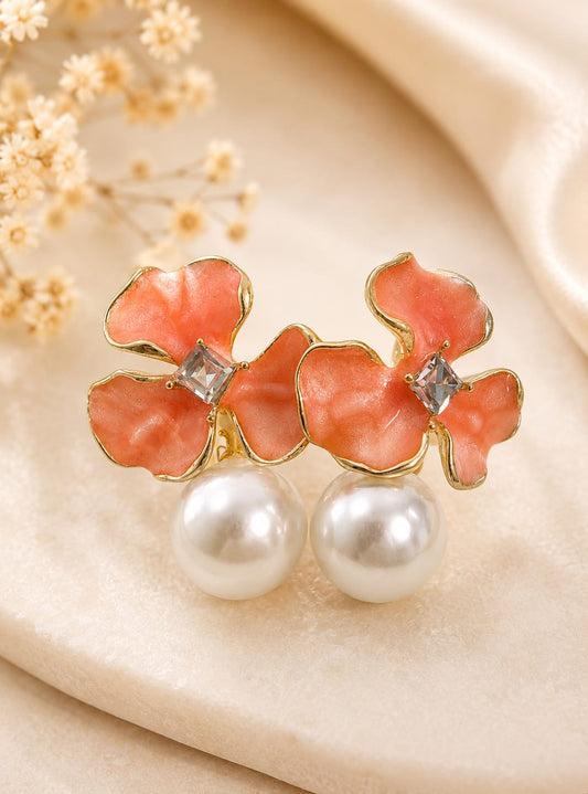 Coral Bloom Pearl Drop Earrings — Flower & Pearl Studs