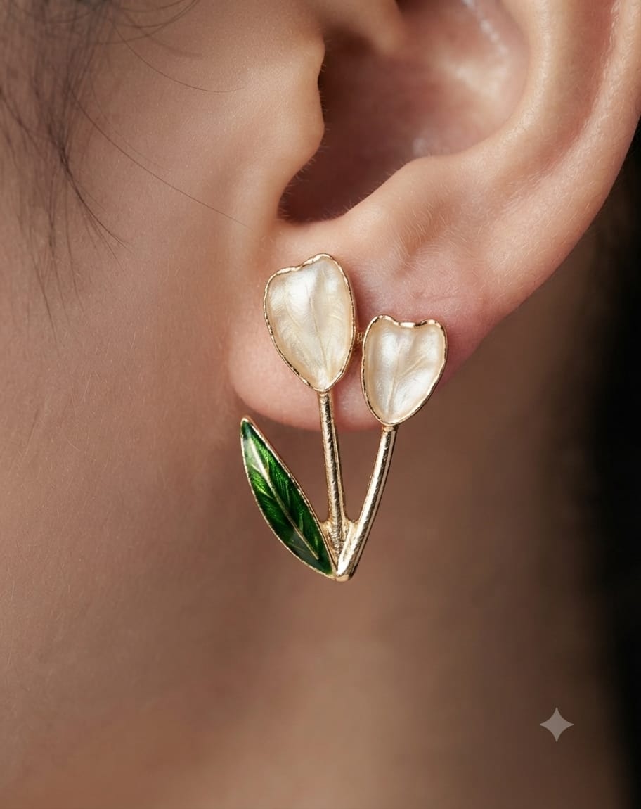 Double Tulip Stud Earrings Pearl White